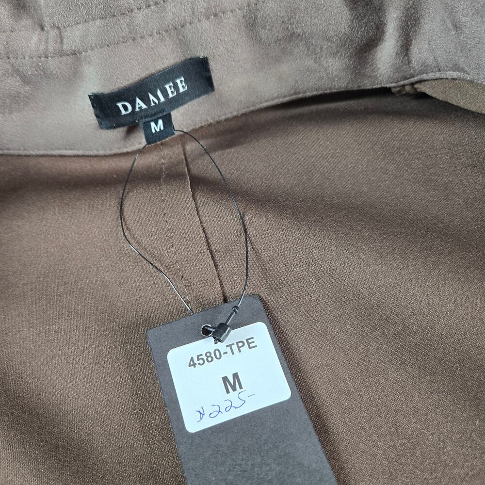 Damee Mock Funnel Neck Micro Faux Suede Jacket Taupe Brown Medium A-Line Swing - Picture 2 of 9